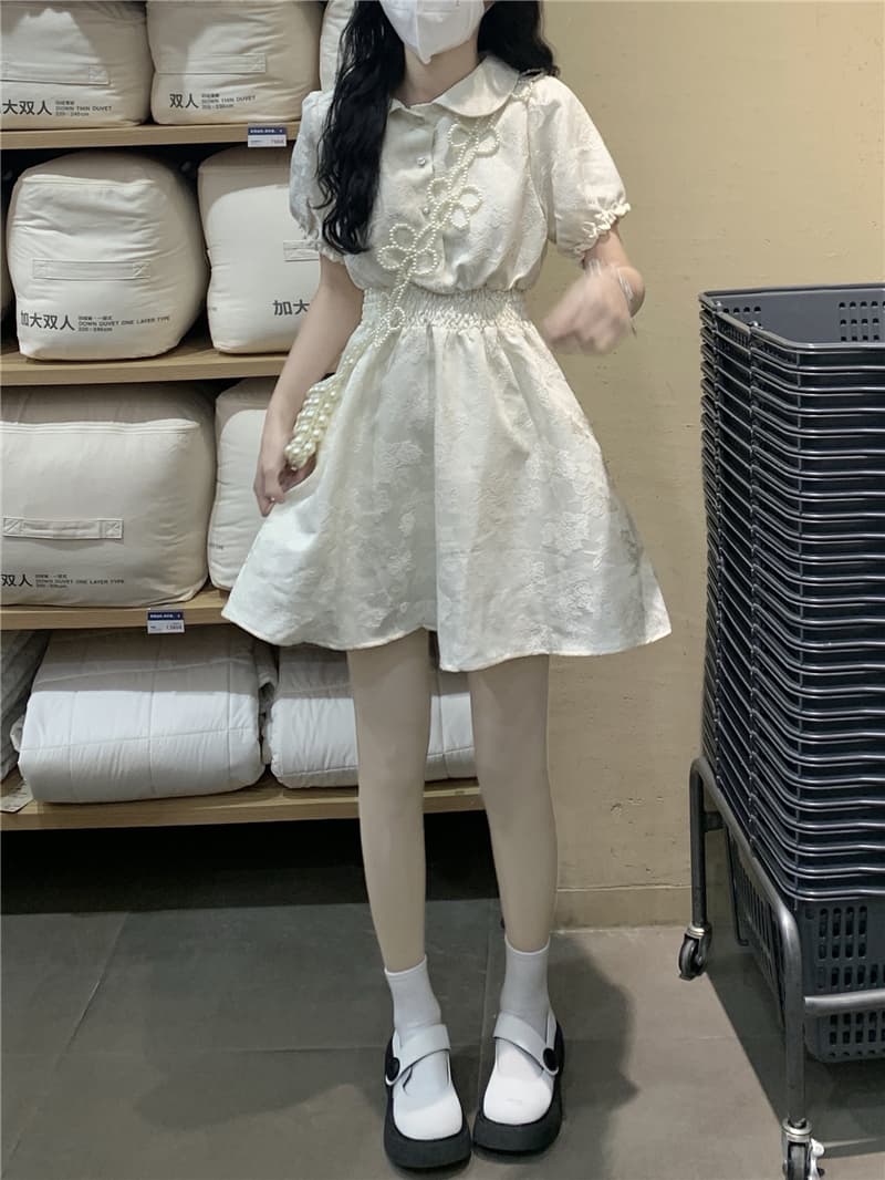 フレンチガーリー ウエストマークフラワーミニワンピース