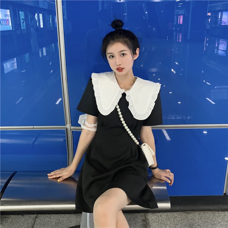 フレンチガーリー ビックカラー半袖ミニワンピース