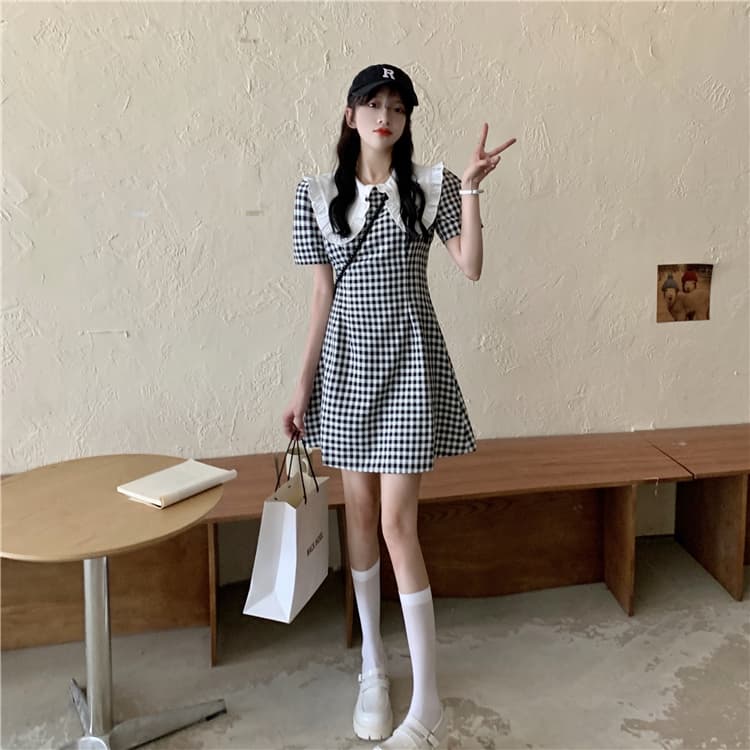 フレンチガーリー ビックカラー半袖ミニワンピース