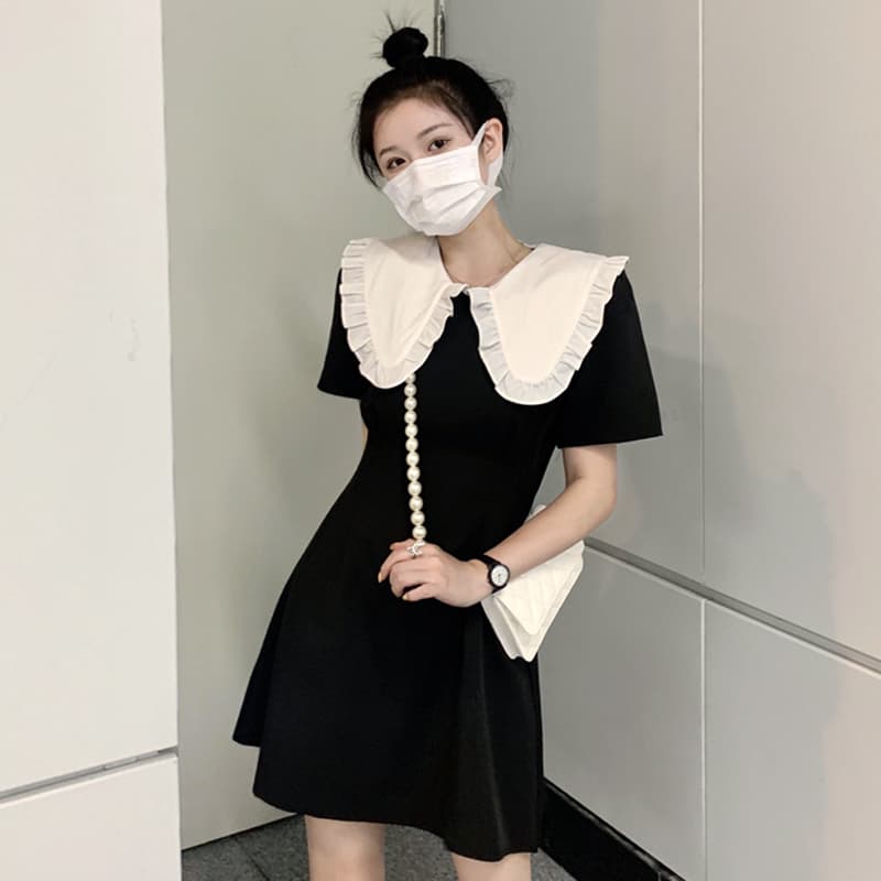 フレンチガーリー ビックカラー半袖ミニワンピース