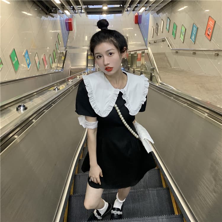 フレンチガーリー ビックカラー半袖ミニワンピース