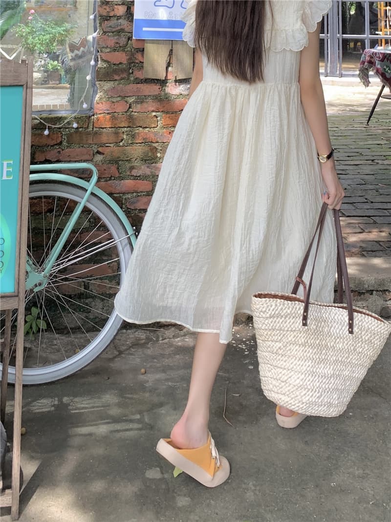 フレンチガーリー フリルカラーノースリーブワンピース