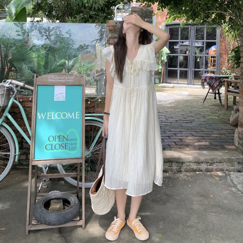 フレンチガーリー フリルカラーノースリーブワンピース