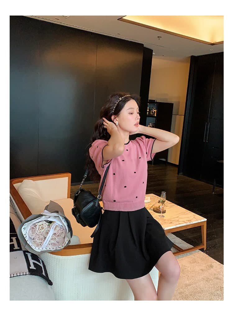 フレンチガーリー ボンボンニット半袖ブラウス