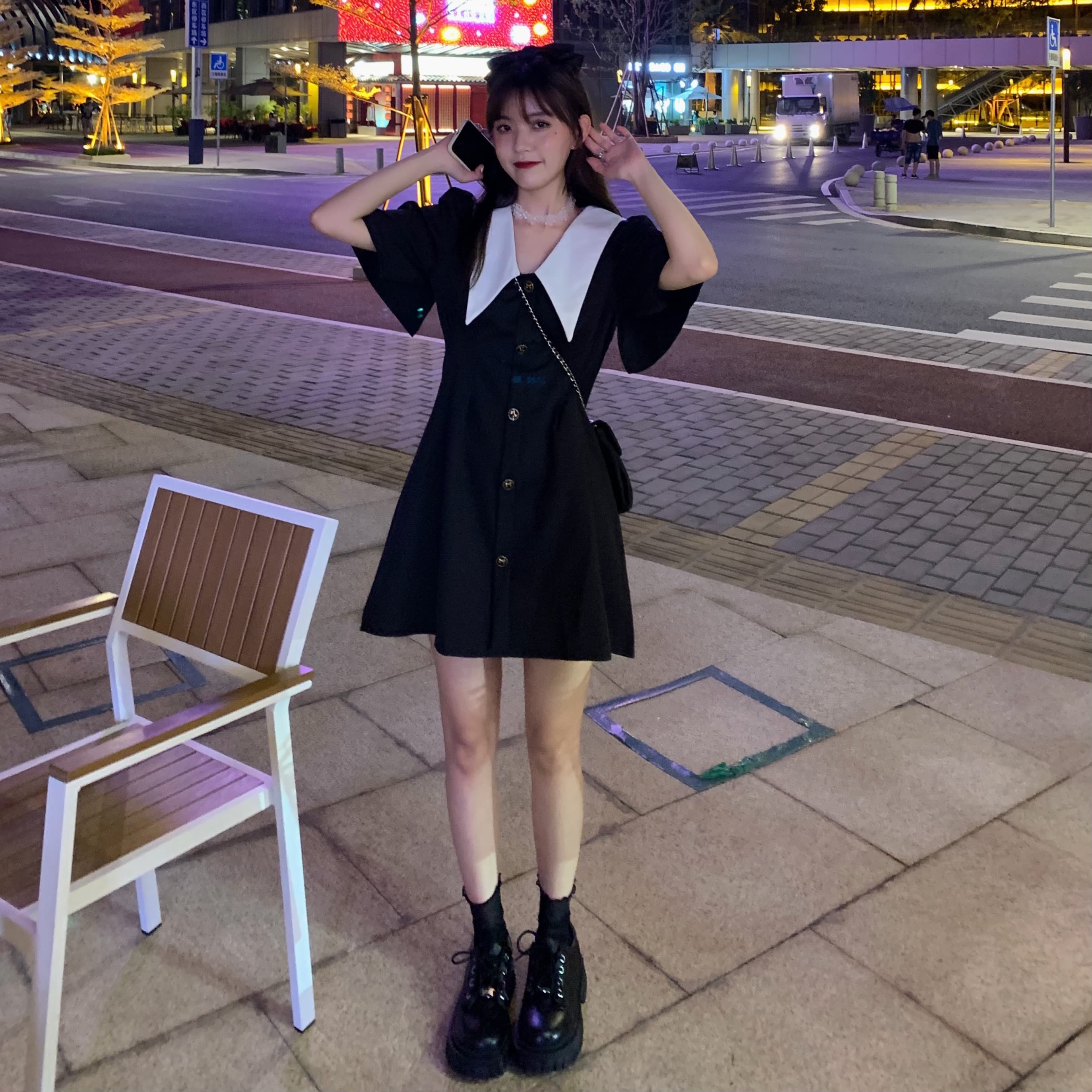 フレンチガーリー バイカラー襟付きミニワンピース
