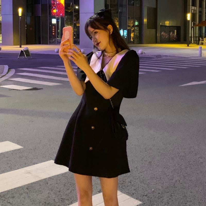 フレンチガーリー バイカラー襟付きミニワンピース