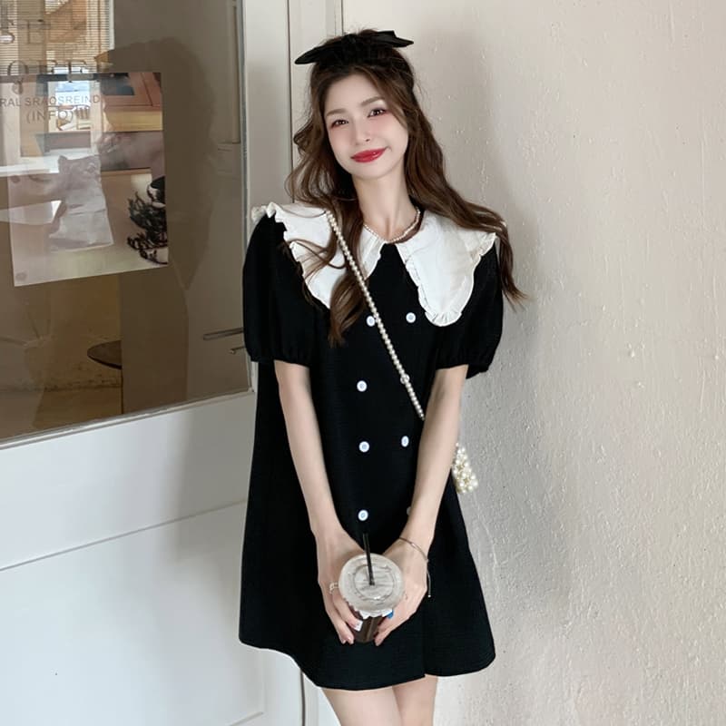 フレンチガーリー 襟付きパフスリーブミニワンピース