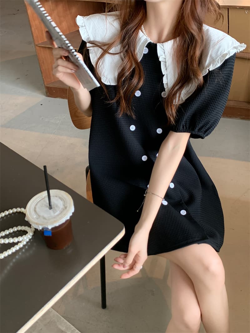 フレンチガーリー 襟付きパフスリーブミニワンピース