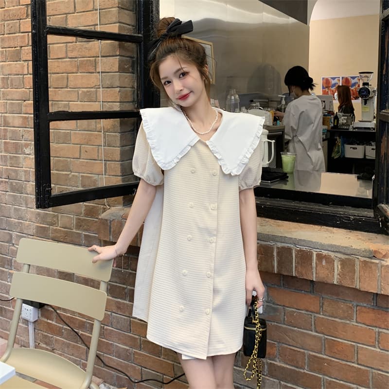 フレンチガーリー 襟付きパフスリーブミニワンピース