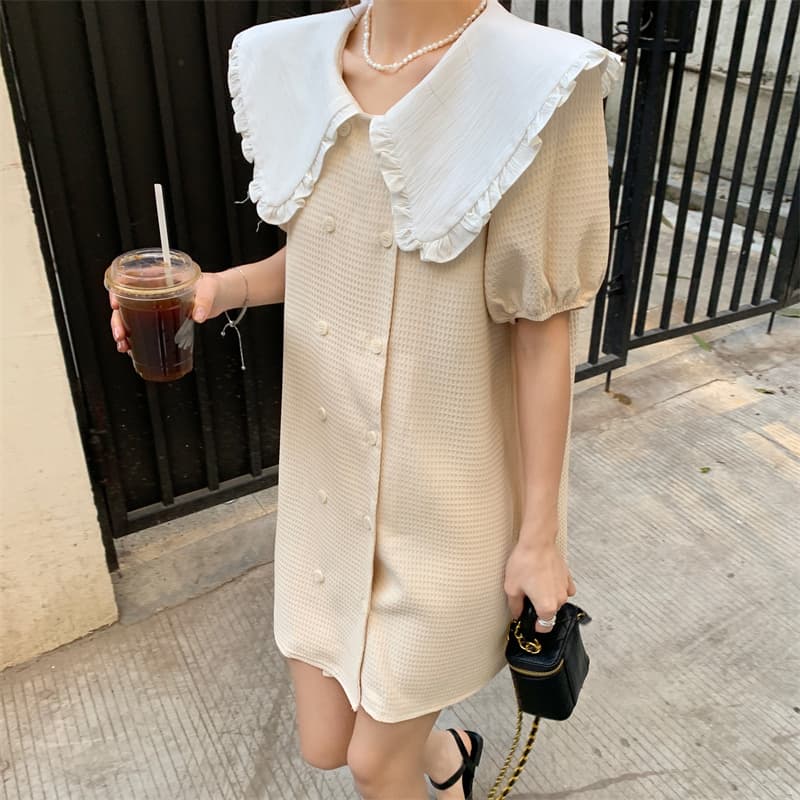 フレンチガーリー 襟付きパフスリーブミニワンピース