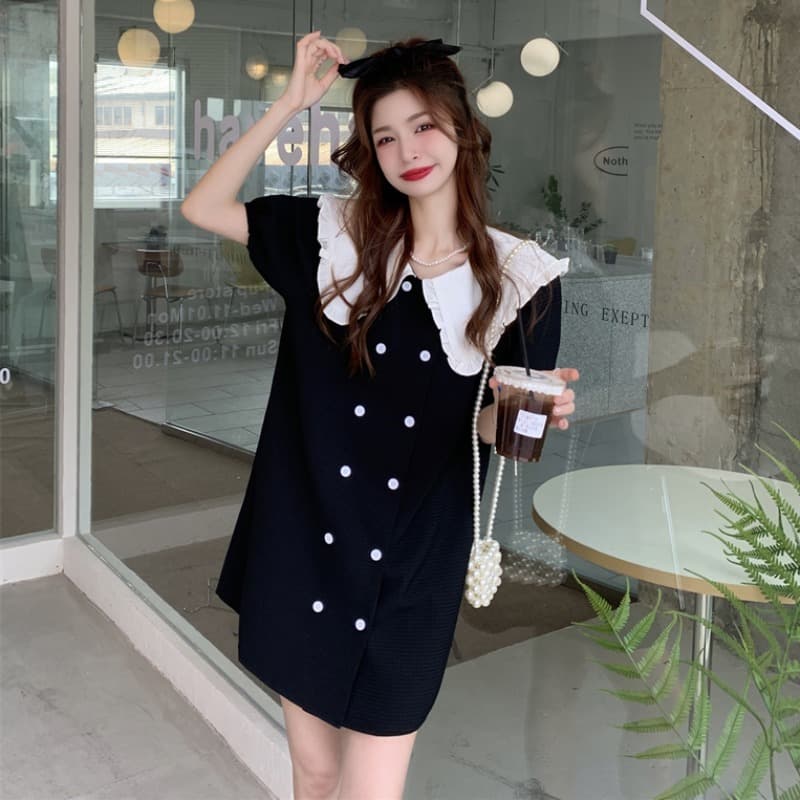 フレンチガーリー 襟付きパフスリーブミニワンピース