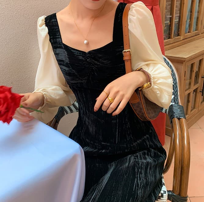 フレンチガーリー シースルーベロアロングワンピース