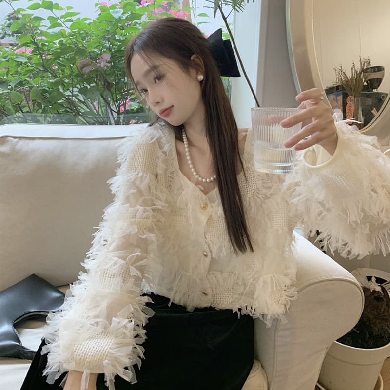 フレンチガーリー 長袖のニット風ブラウス