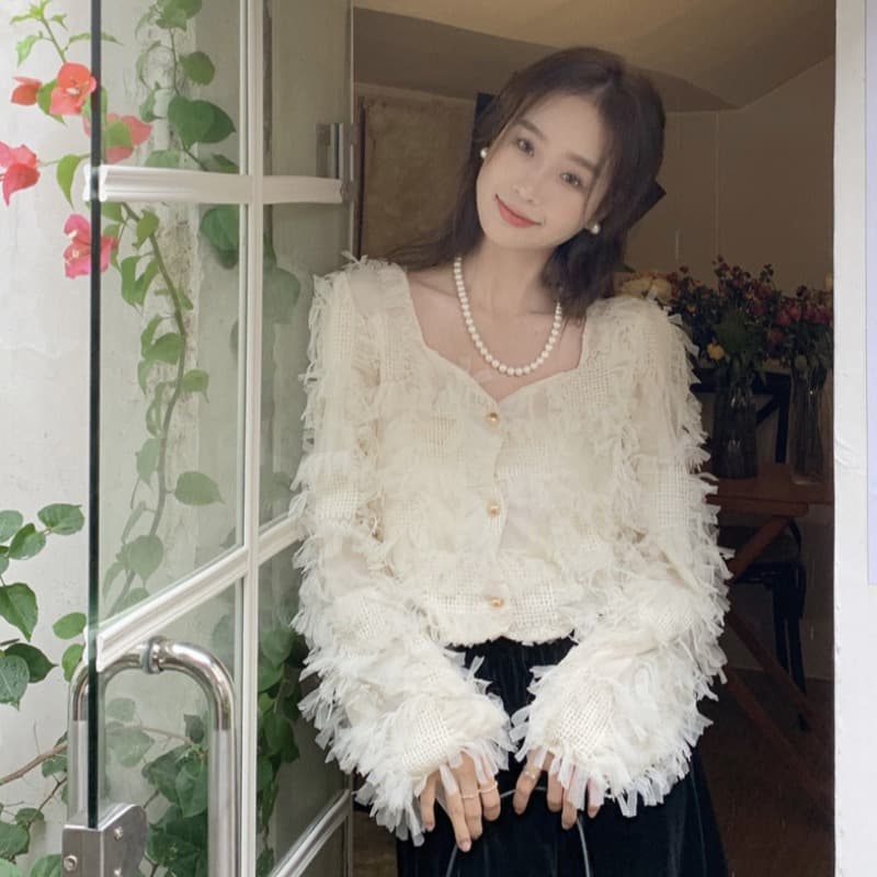 フレンチガーリー 長袖のニット風ブラウス