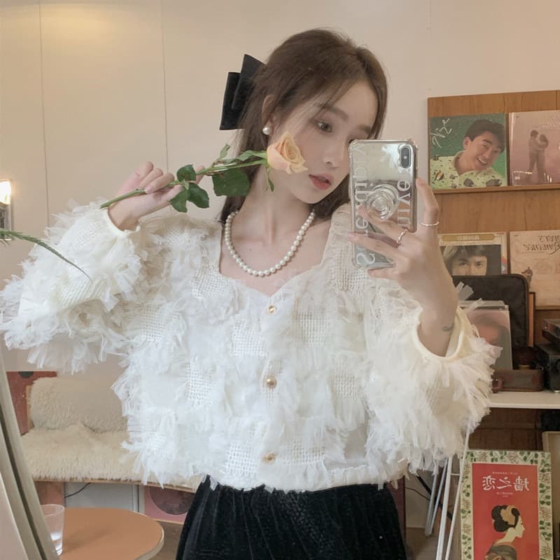 フレンチガーリー 長袖のニット風ブラウス