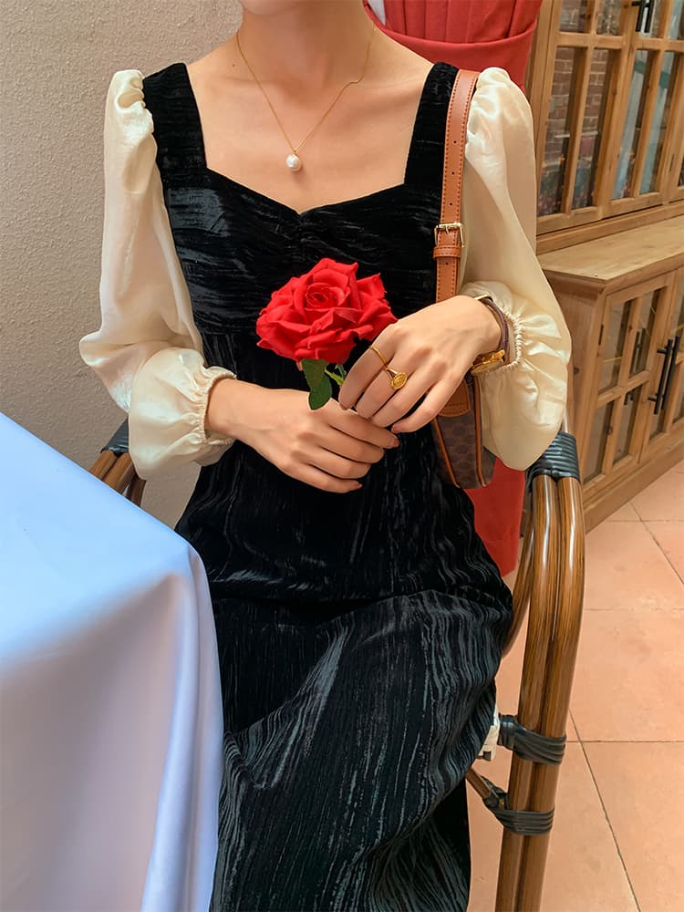 フレンチガーリー シースルーベロアロングワンピース