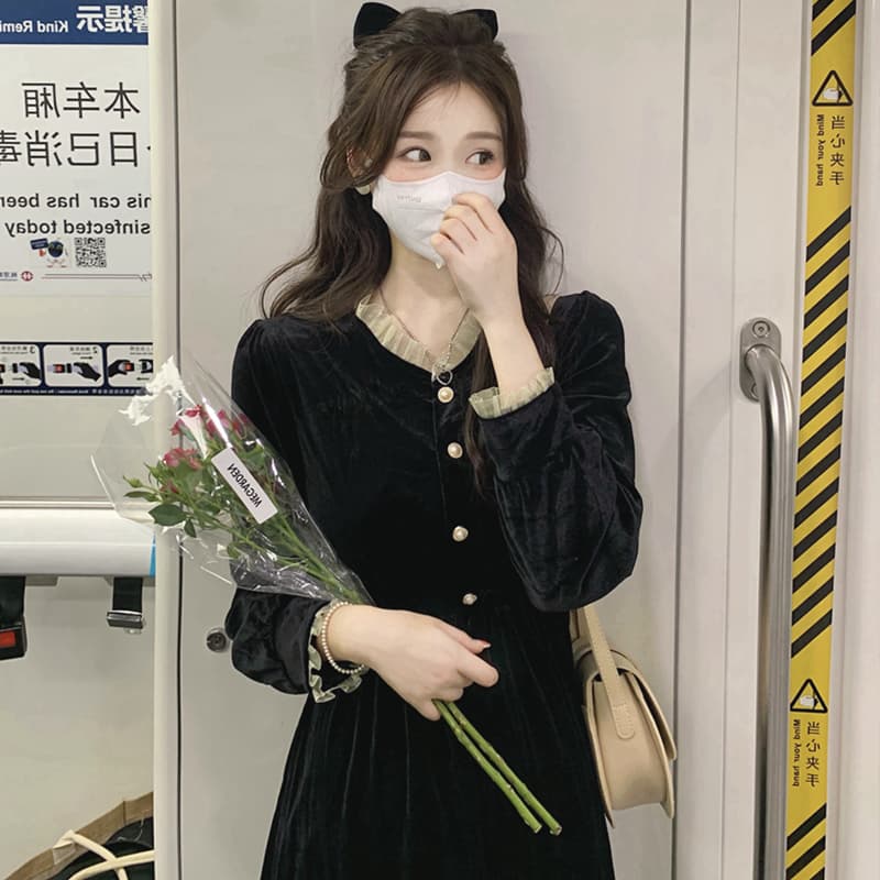 フレンチガーリー Vネックロングワンピース