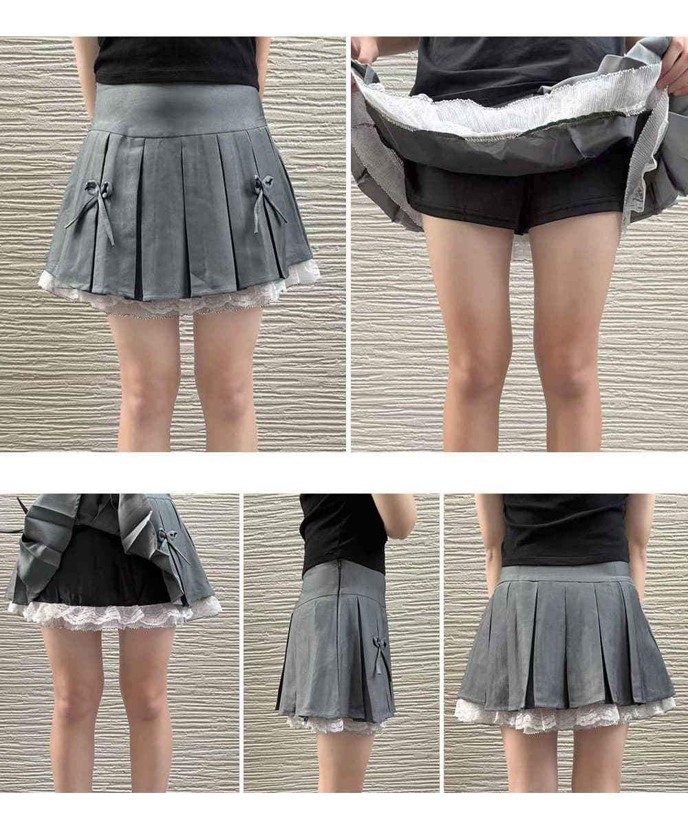 フレンチガーリー リボン付きボックスプリーツミニスカート