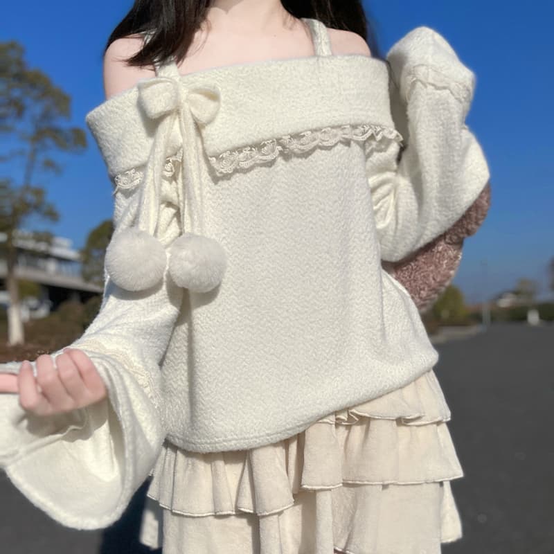 フレンチガーリー ぽんぽん付きリボン結び肩だしニットワンピース