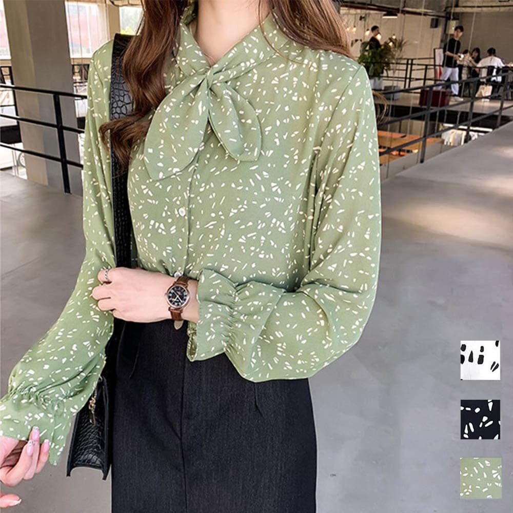 フレンチガーリー 小花柄リボンタイブラウス長袖シフォン