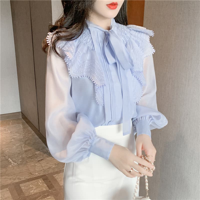 フレンチガーリー 春パフスリーブシフォンブラウス リボン付き