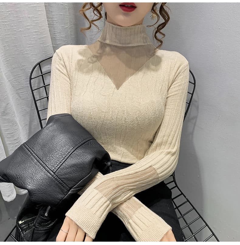 フレンチガーリー 透け感ハイネックニット服レイヤード重ね着トップス