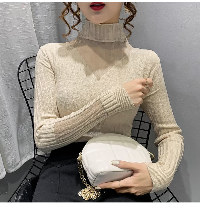 フレンチガーリー 透け感ハイネックニット服レイヤード重ね着トップス