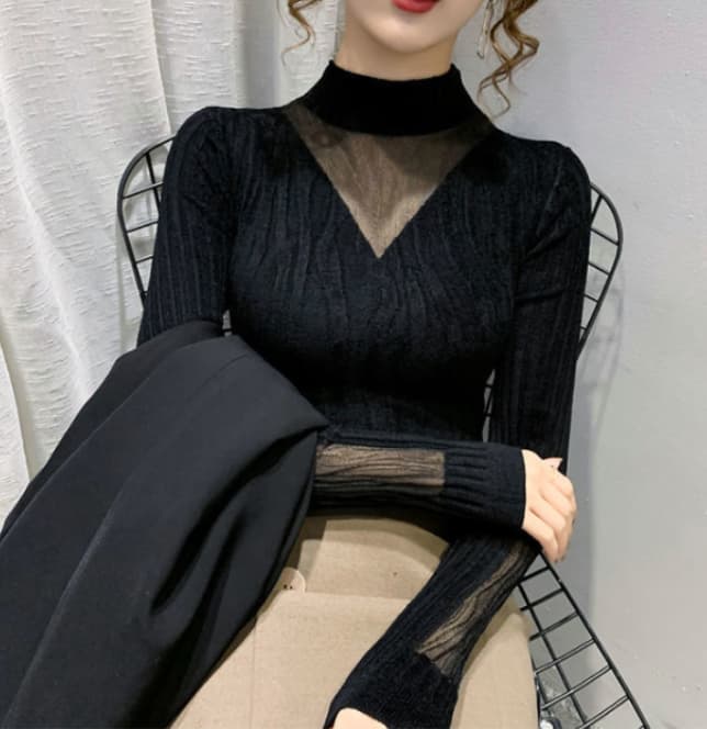 フレンチガーリー 透け感ハイネックニット服レイヤード重ね着トップス