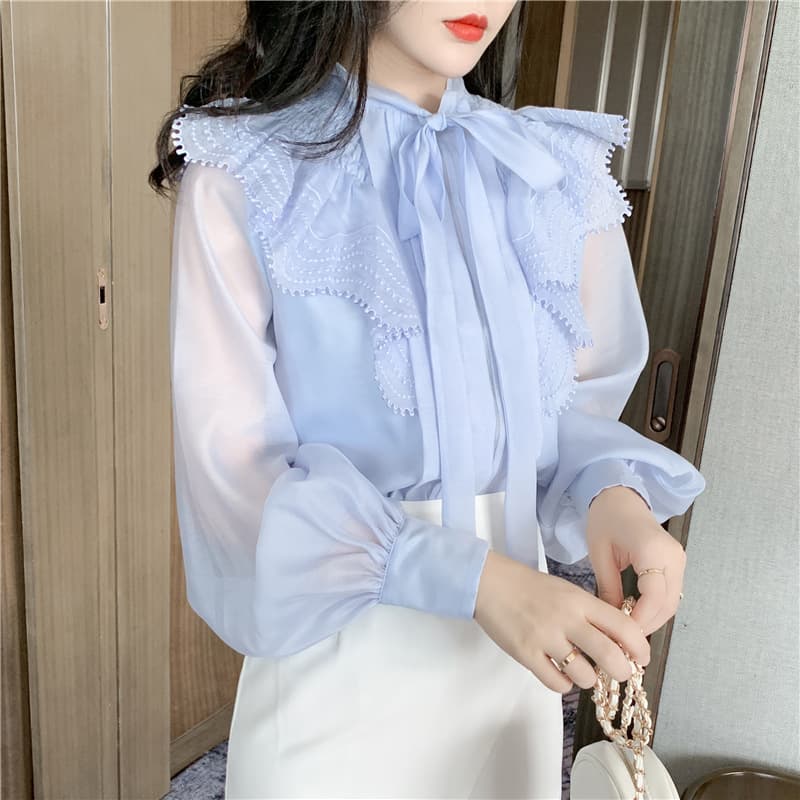 フレンチガーリー 春パフスリーブシフォンブラウス リボン付き
