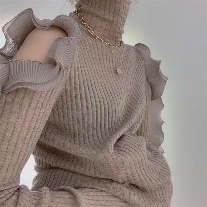 フレンチガーリー 冬物レディース服 フリル透かし編みタートルニットセーター