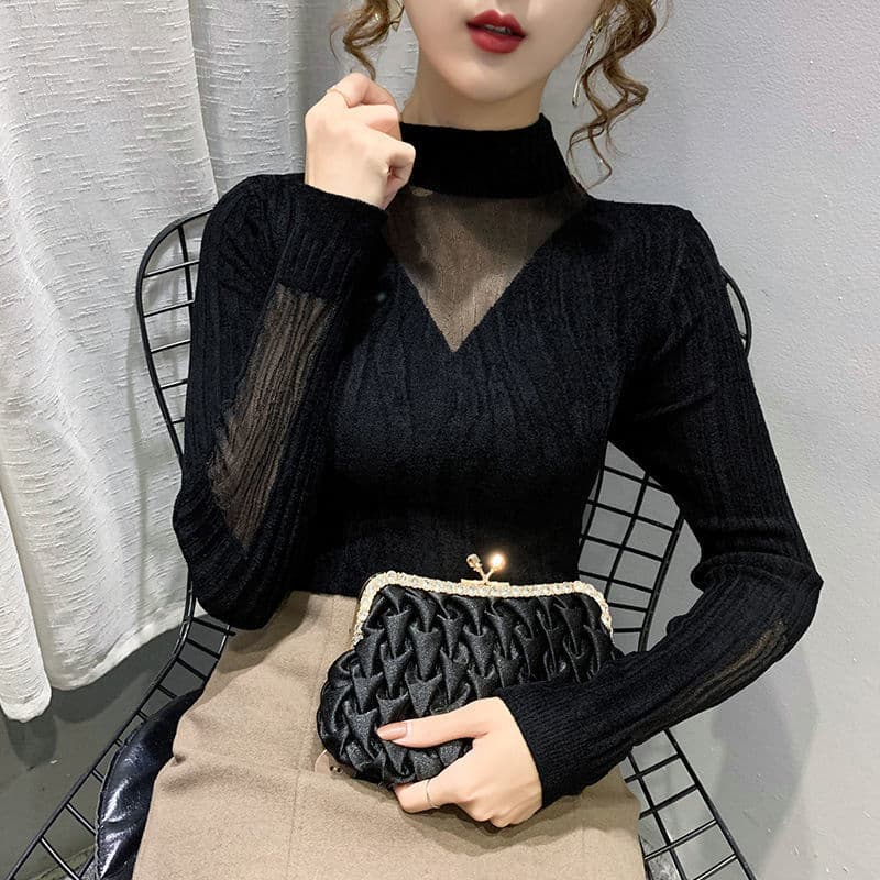 フレンチガーリー 透け感ハイネックニット服レイヤード重ね着トップス