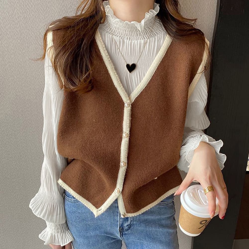 フレンチガーリー フリルハイネック シフォンブラウス 長袖