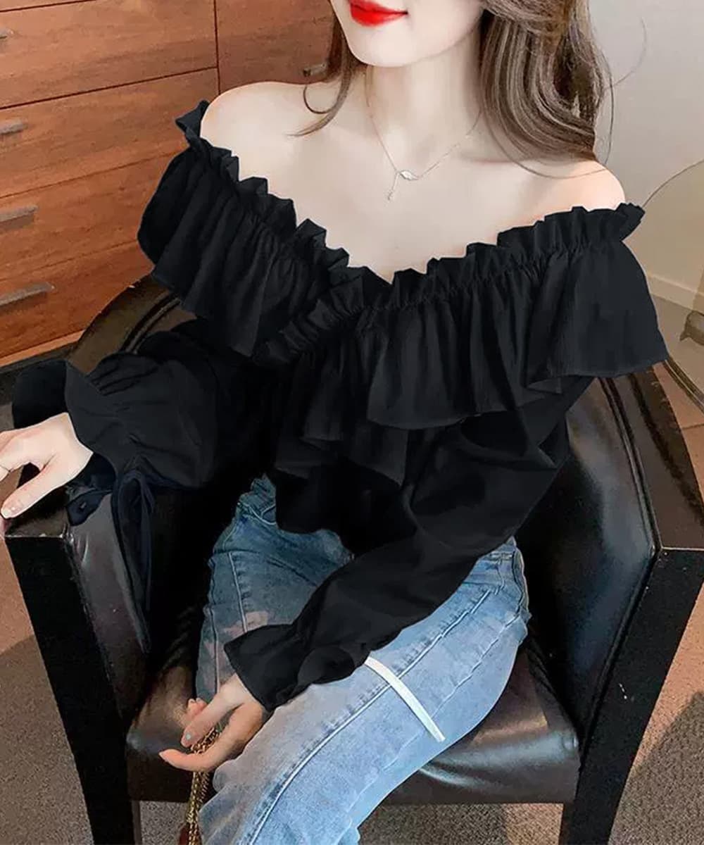 フレンチガーリー 大人可愛いフリルブラウス 長袖オフショルダー