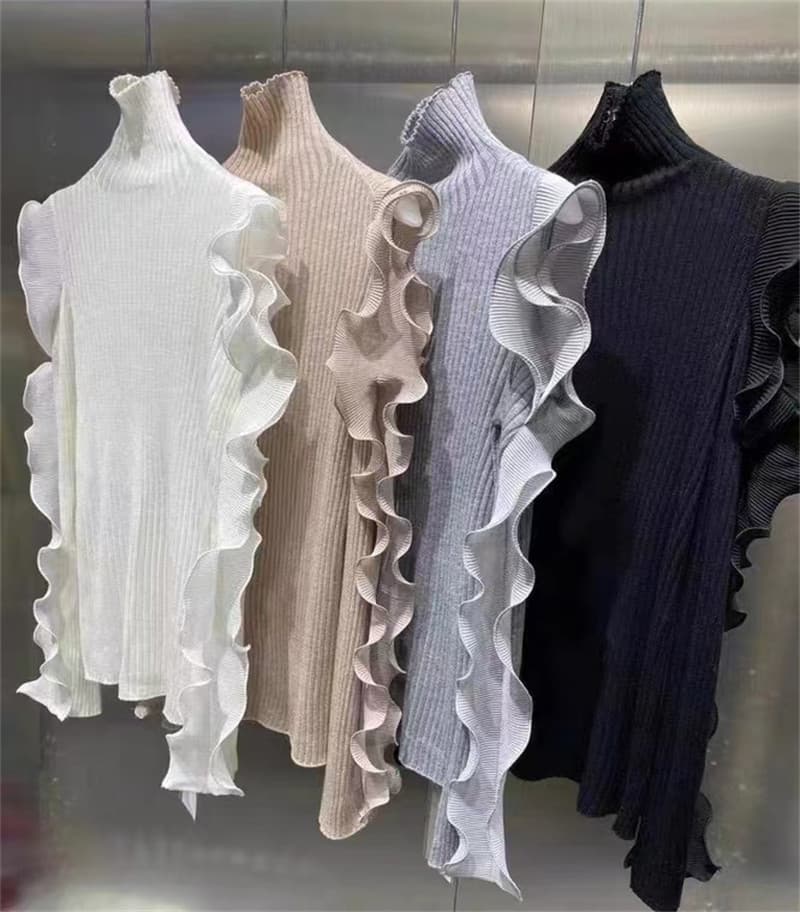 フレンチガーリー 冬物レディース服 フリル透かし編みタートルニットセーター