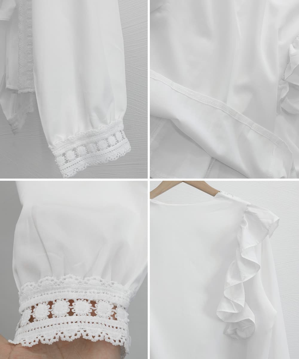 フレンチガーリー 透かし彫り刺繍フリルブラウス 薄手レース切替