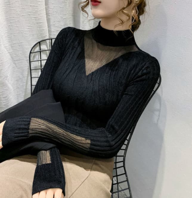 フレンチガーリー 透け感ハイネックニット服レイヤード重ね着トップス