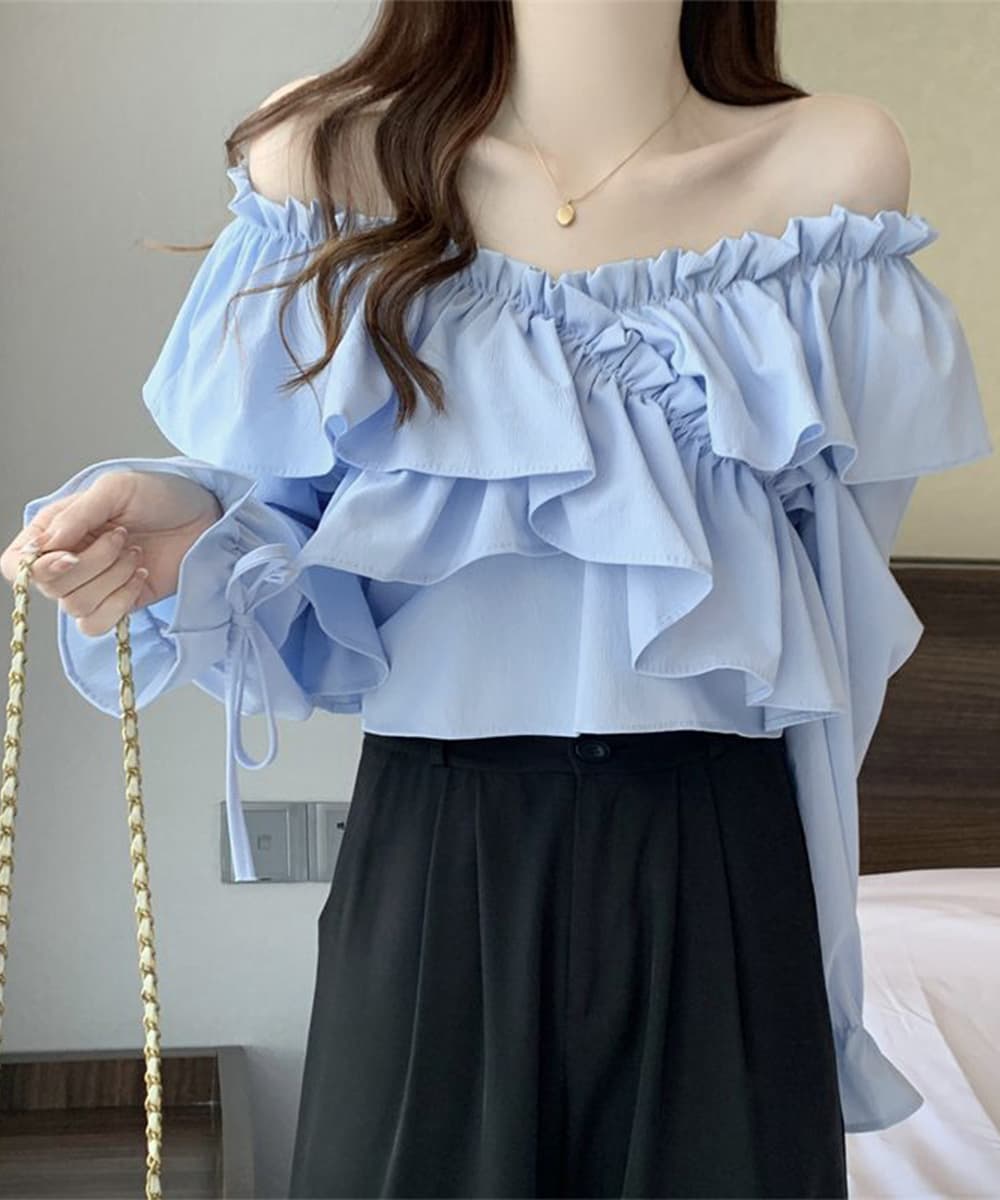 フレンチガーリー 大人可愛いフリルブラウス 長袖オフショルダー