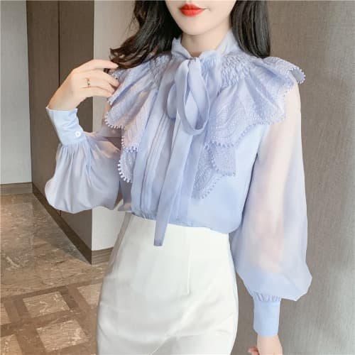 フレンチガーリー 春パフスリーブシフォンブラウス リボン付き