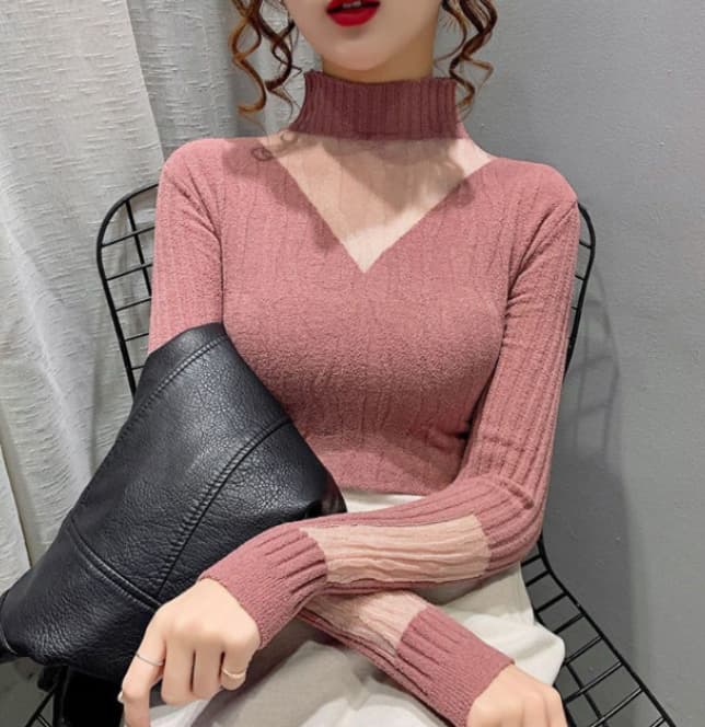 フレンチガーリー 透け感ハイネックニット服レイヤード重ね着トップス