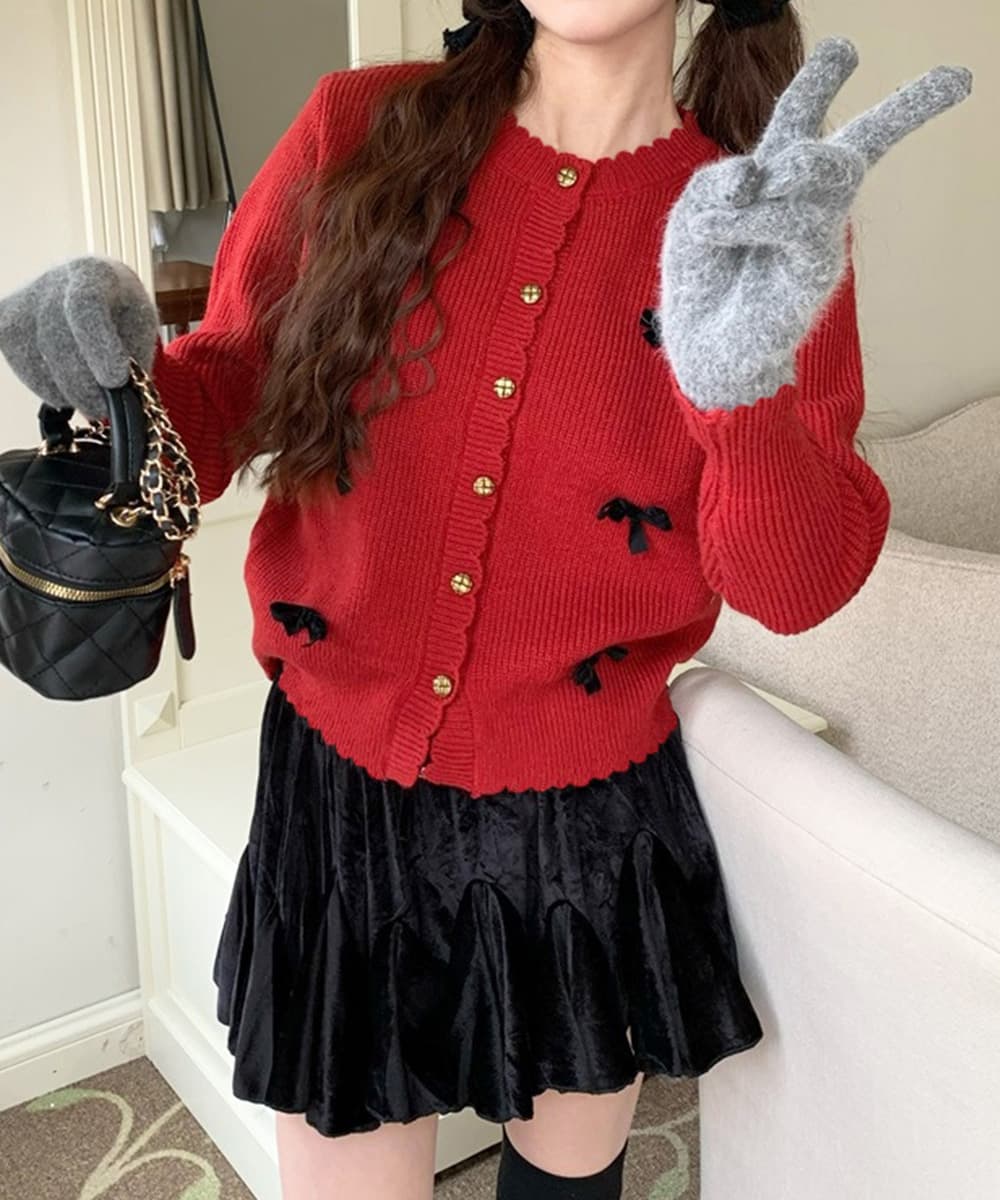 フレンチガーリー リボン刺繍ニットカーディガン秋冬アウター