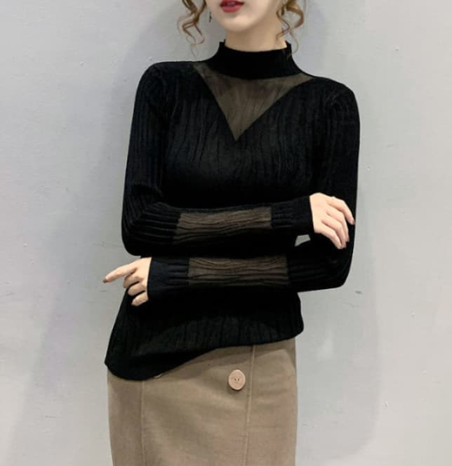 フレンチガーリー 透け感ハイネックニット服レイヤード重ね着トップス