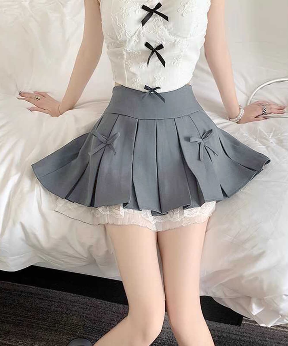 フレンチガーリー リボン付きボックスプリーツミニスカート