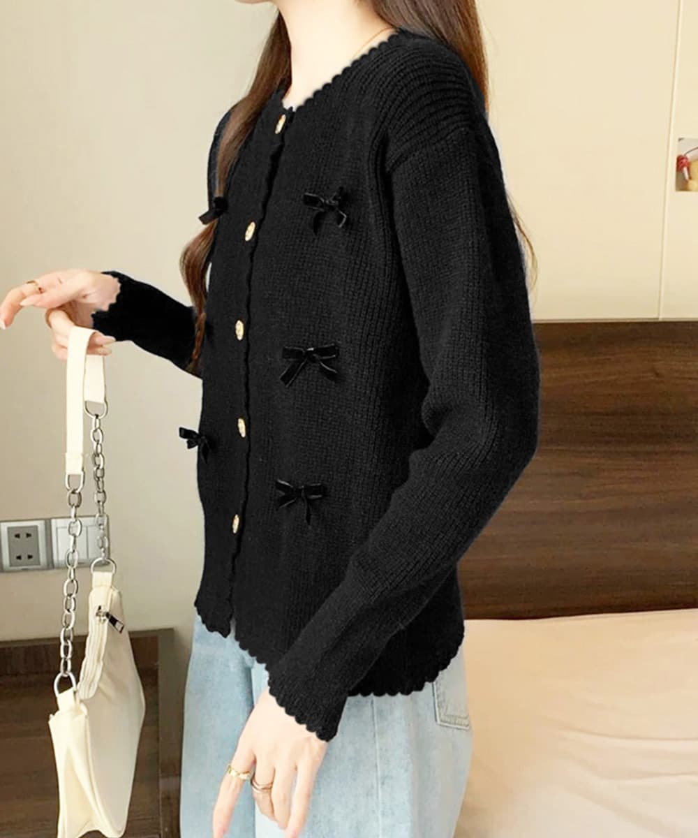 フレンチガーリー リボン刺繍ニットカーディガン秋冬アウター