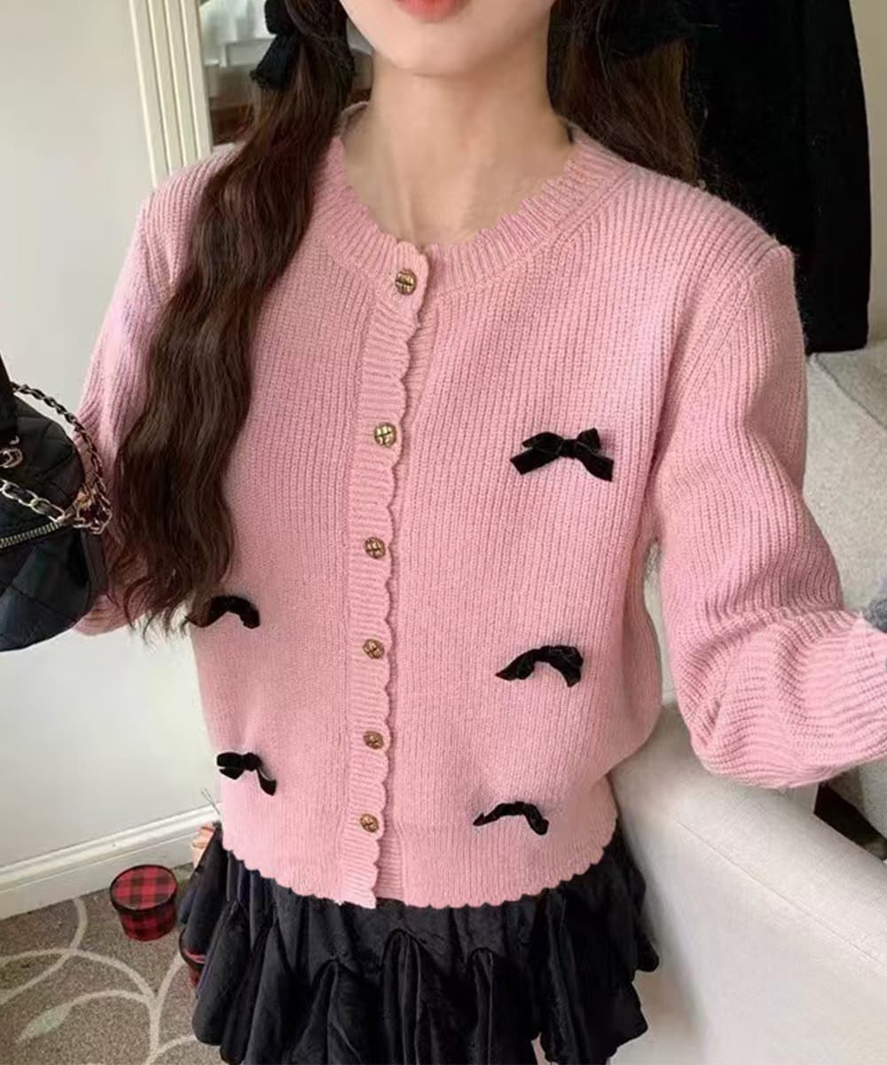 フレンチガーリー リボン刺繍ニットカーディガン秋冬アウター