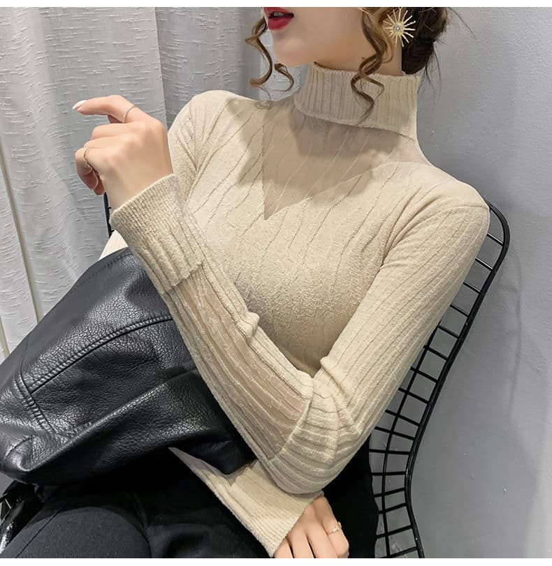フレンチガーリー 透け感ハイネックニット服レイヤード重ね着トップス