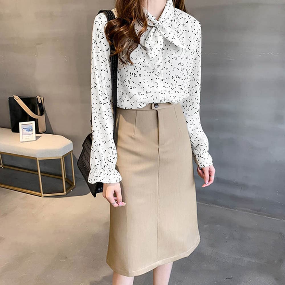 フレンチガーリー 小花柄リボンタイブラウス長袖シフォン