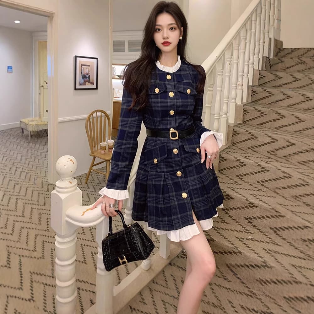 フレンチガーリー 格子柄金ボタン付きベルテッドフレアワンピース