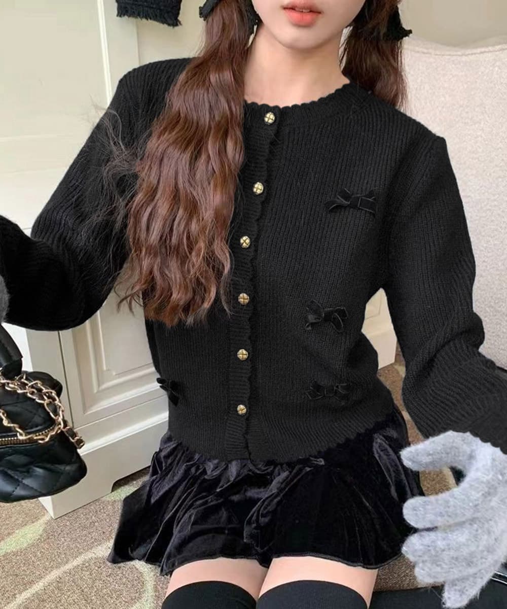 フレンチガーリー リボン刺繍ニットカーディガン秋冬アウター