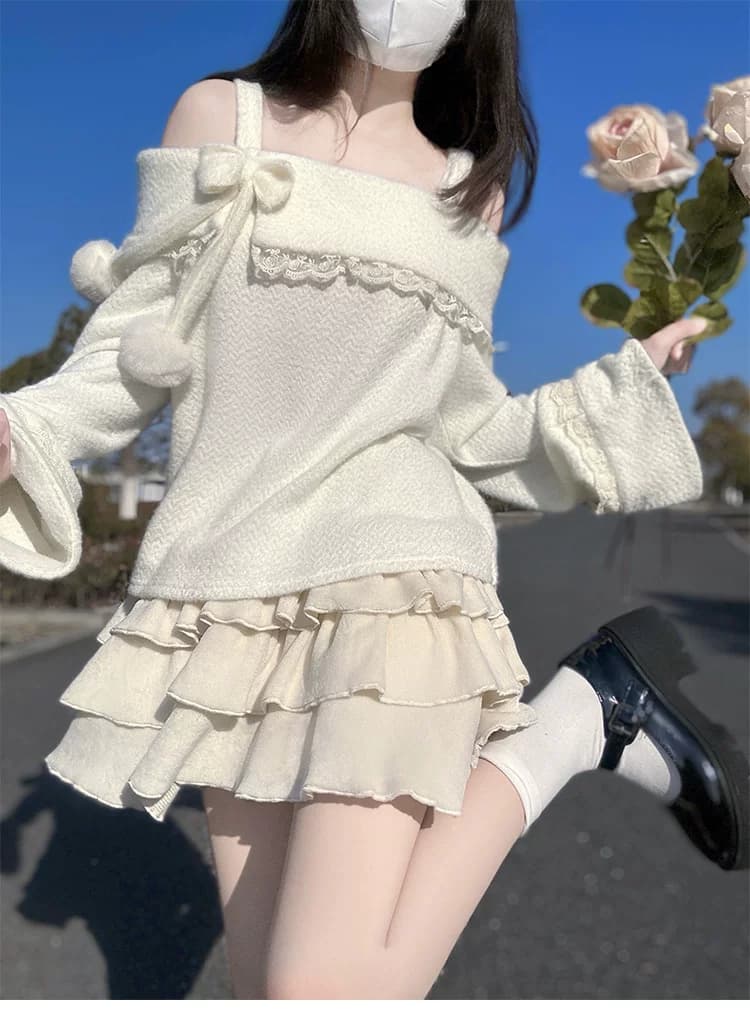 フレンチガーリー ぽんぽん付きリボン結び肩だしニットワンピース
